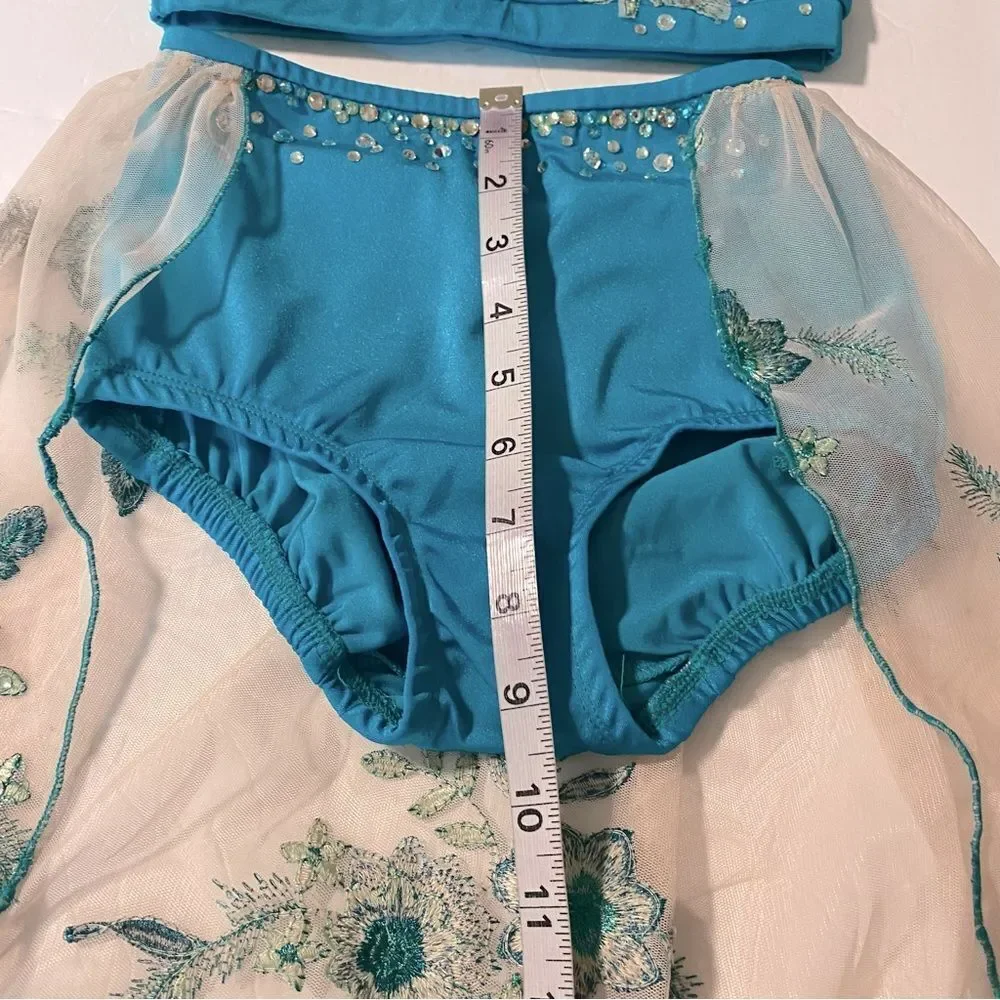 Solo custom dance costume 2 piece teal lyrical  rhinestoned embroidered MC child
